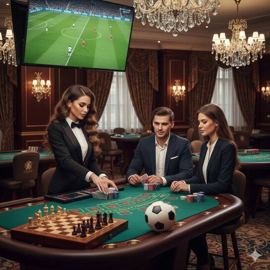Luxurious casino interior with gaming tables and slot machines under grand lighting